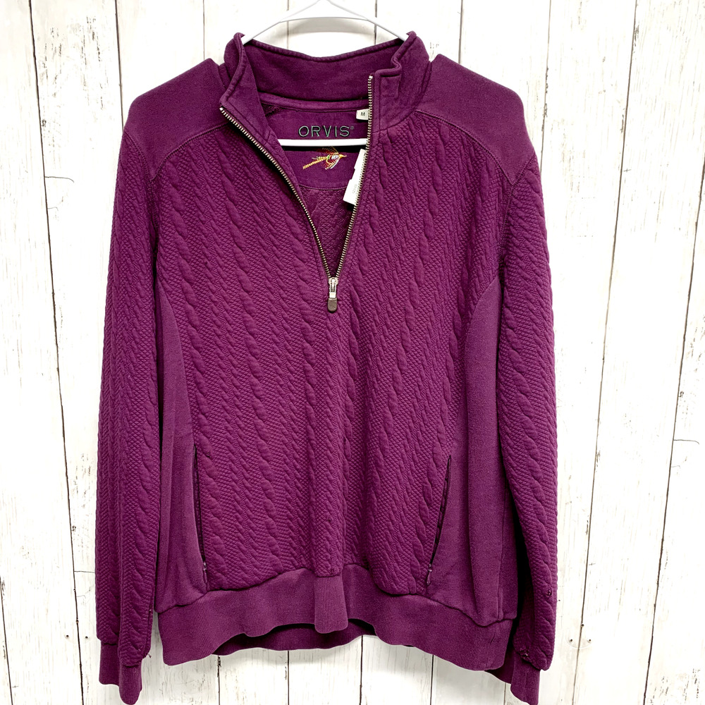 Orvis Sweater Women Size M 1/4 Zip Purple Long Sleeve High Collar Cotton Knit